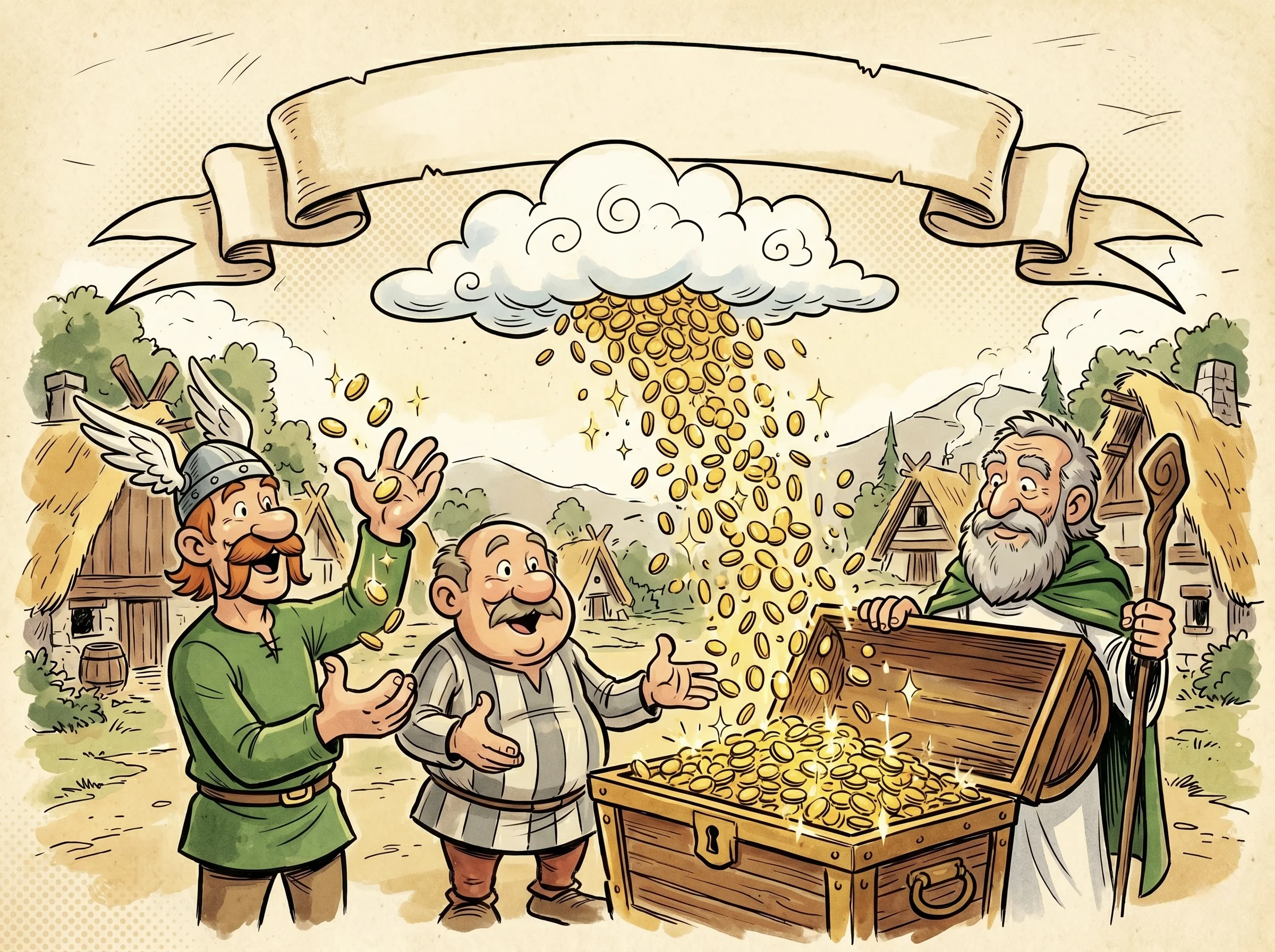 Goldmünzen regnen aus einer Wolke in eine Schatztruhe – Sinnbild für die staatliche Förderung